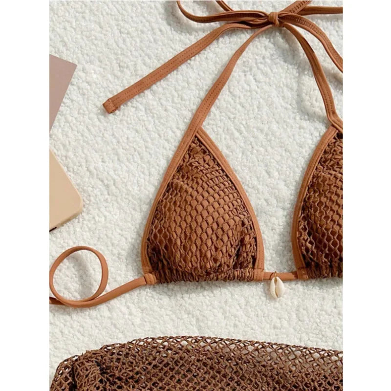 Sexy 3-teiliges Brazilian Bikini Set – Damen Push-Up Badeanzug mit Strandrock & Low-Waist Slip